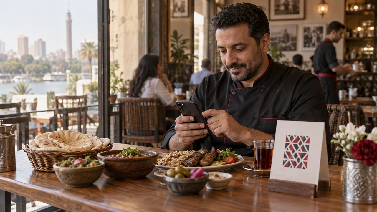 صاحب كافيه في القاهرة يراجع المنيو الرقمية على هاتفه